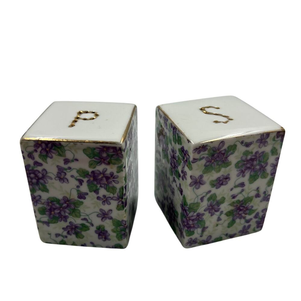 Vtg Lefton Porcelain Square All Over Purple Violets Floral Salt & Pepper Shakers